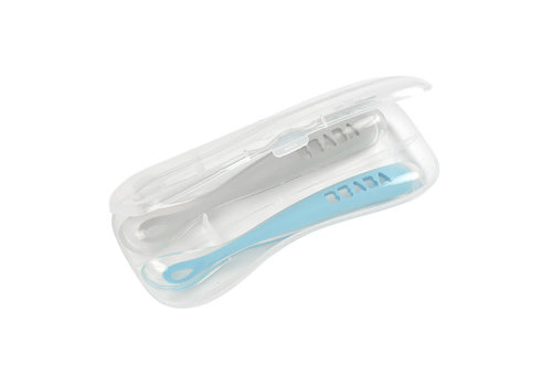 Béaba Set 2 1st age silicone spoon + transport box grey/blue