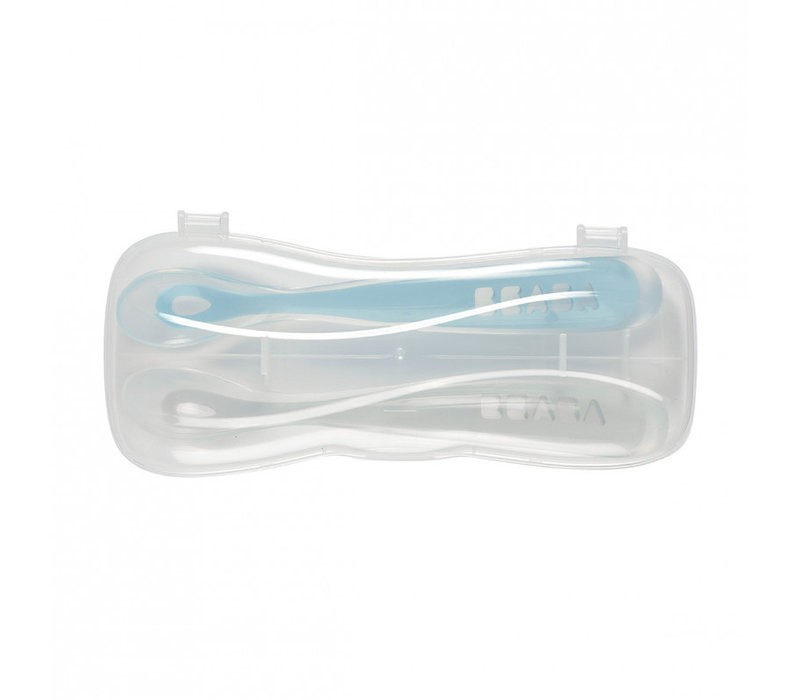 Set 2 1st age silicon spoon + transport box grey/blue