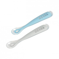 Set 2 1st age silicon spoon + transport box grey/blue