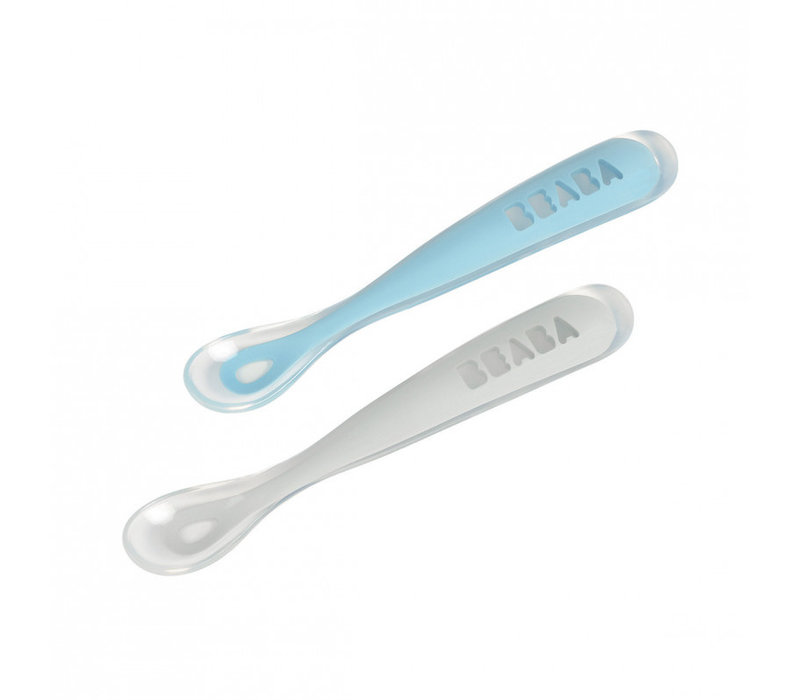 Set 2 1st age silicon spoon + transport box grey/blue