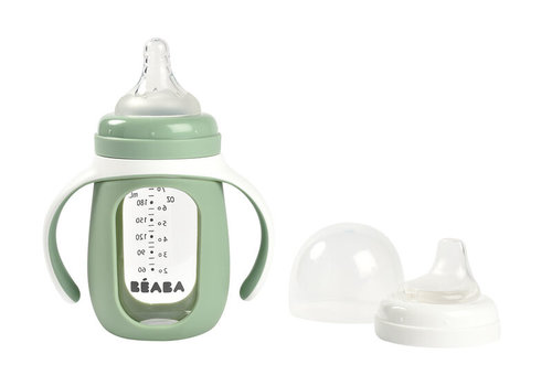 Béaba 2-in-1 glazen meegroeifles 210ml + siliconen hoes groen