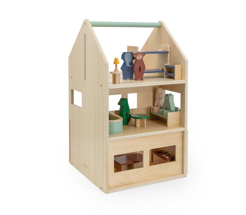 Wooden play house with accessories