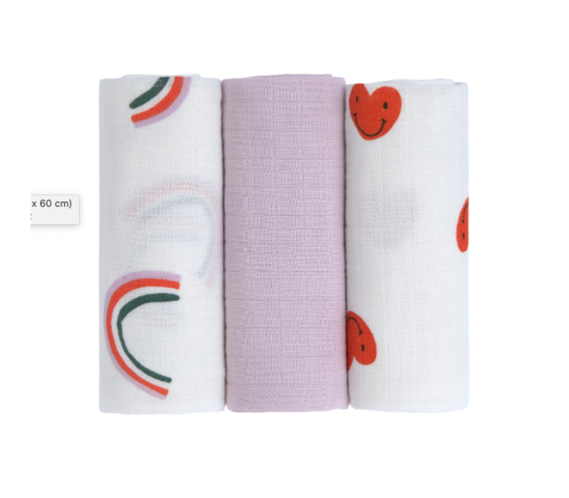 Swaddle & Burp Blanket M 3pcs 60x60cm Heart lavender