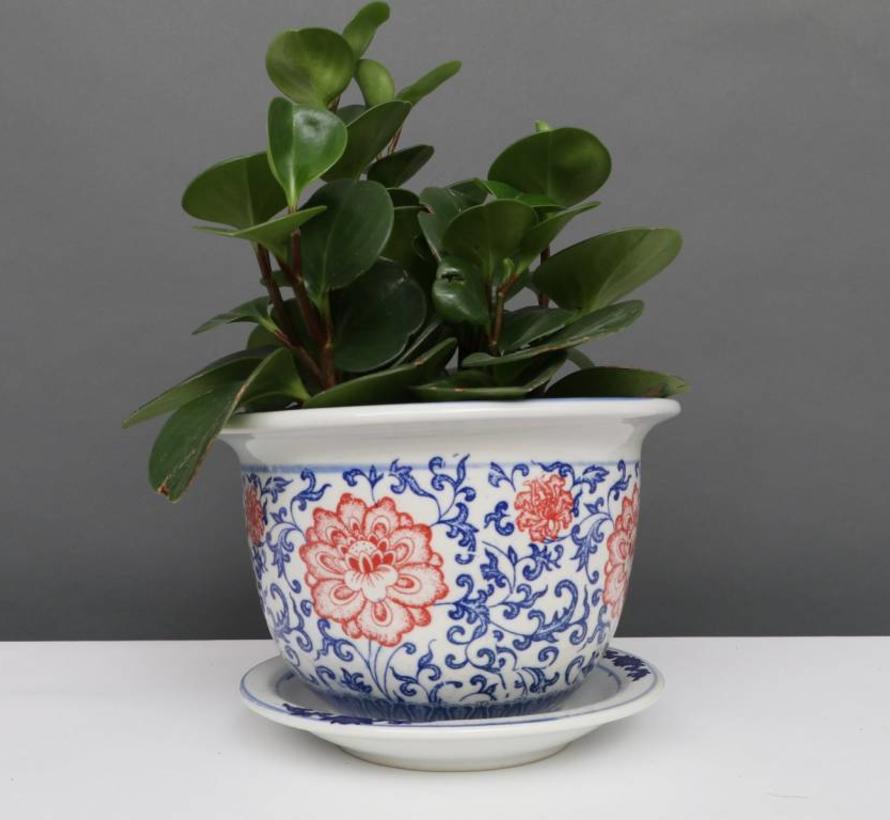 China Porzellan Blumentopf Blau-Weiß mit roten Blumen Ø 24cm