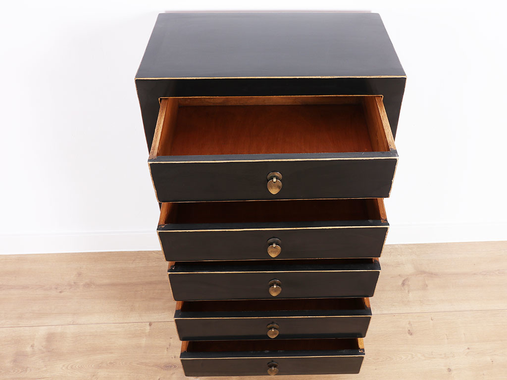 Dresser Black Natural Wood Edges Glossy Lacquered 5 Drawers