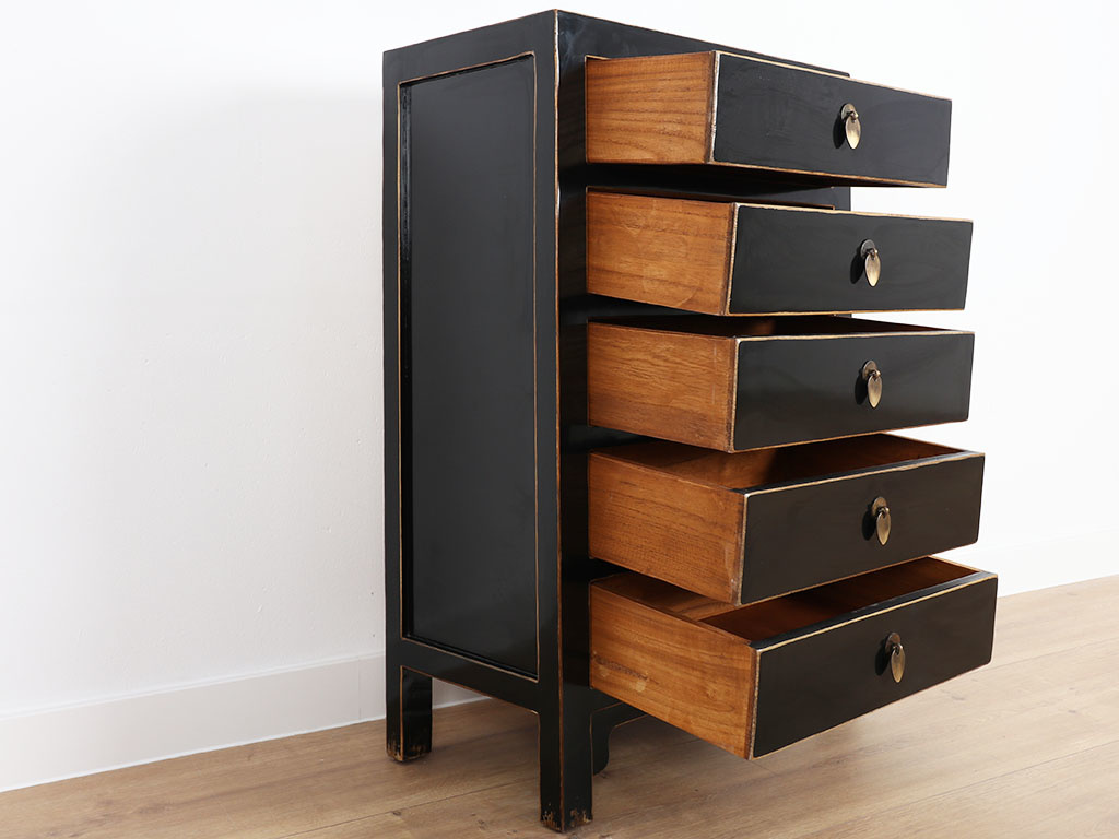 Dresser Black Natural Wood Edges Glossy Lacquered 5 Drawers