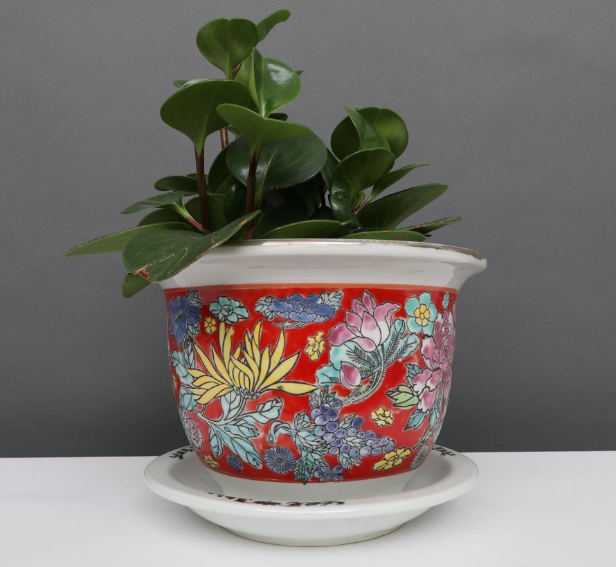 Porcelain flowerpot red colorful flowers Maximum outer edge Ø 23