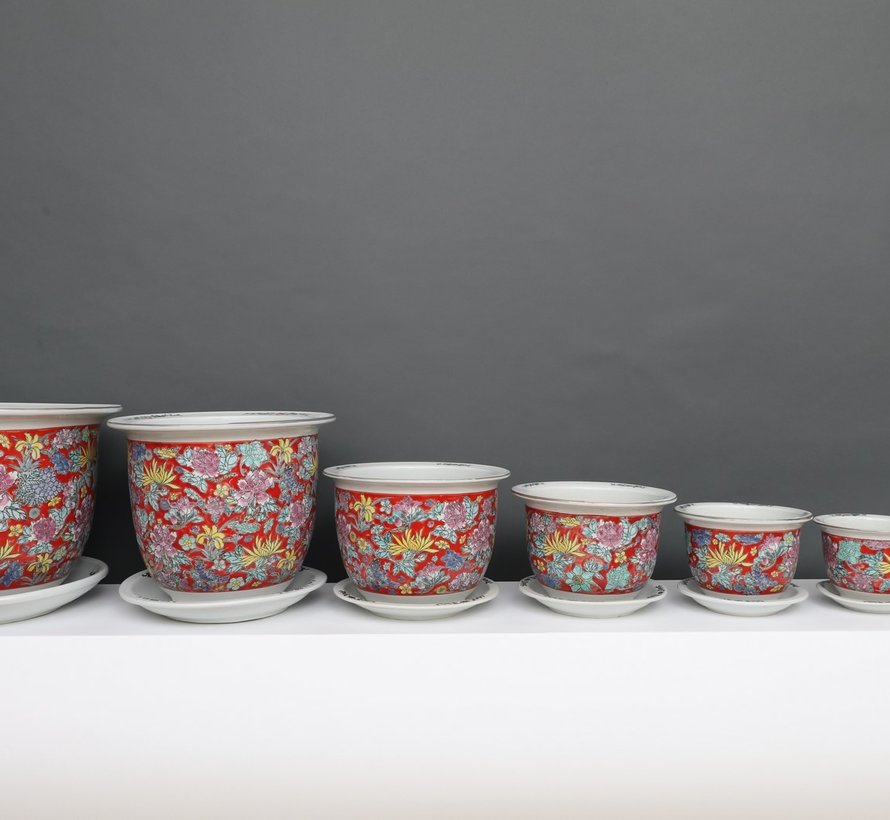 Porcelain flowerpot red colorful flowers Maximum outer edge Ø 23