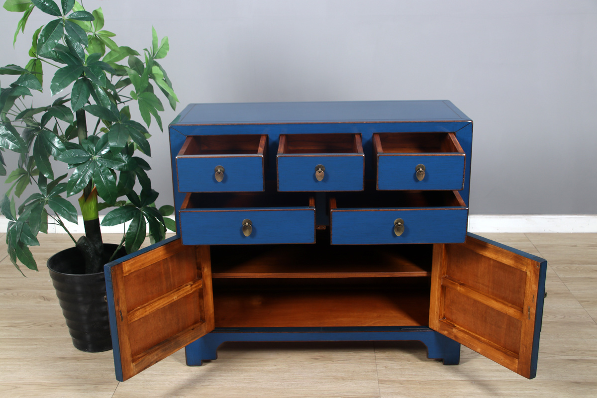 Chinese Chest Of Drawers Sideboard 2 Doors 5 Drawers Blue
