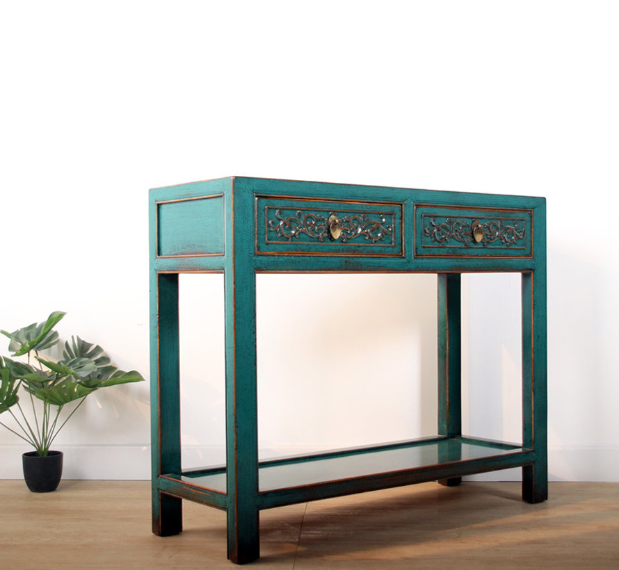 Console Console Table With 2 Drawers In Solid Turquoise Wood