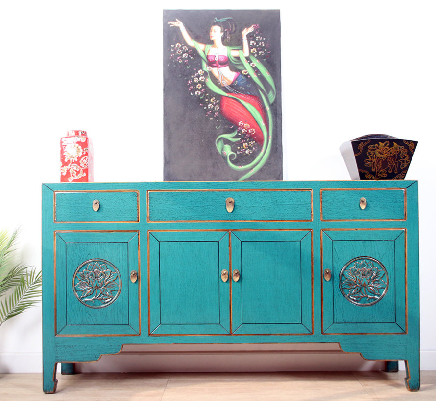 Chinese chest of drawers sideboard 4 doors 3 drawers turquoise