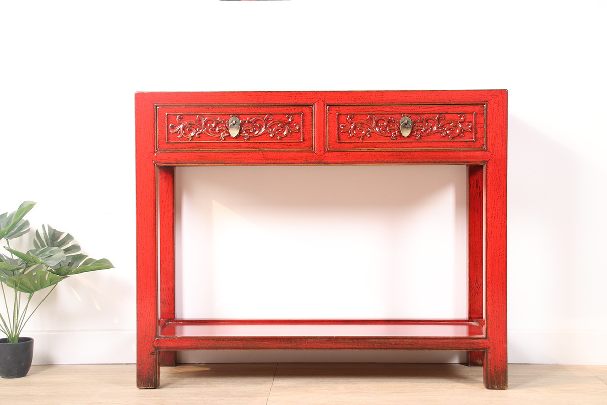 Console Console Table With 2 Drawers In Solid Wood Red Yajutang