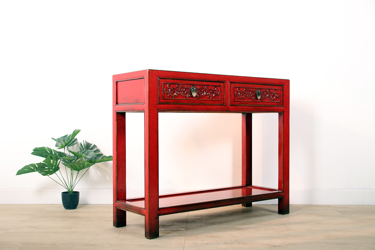 Console Console Table With 2 Drawers In Solid Wood Red Yajutang