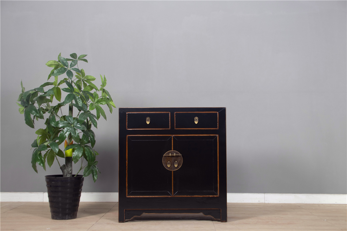 Chinesische Kommode Schrank Doppeltüren 2 Schubladen schwarz - Yajutang