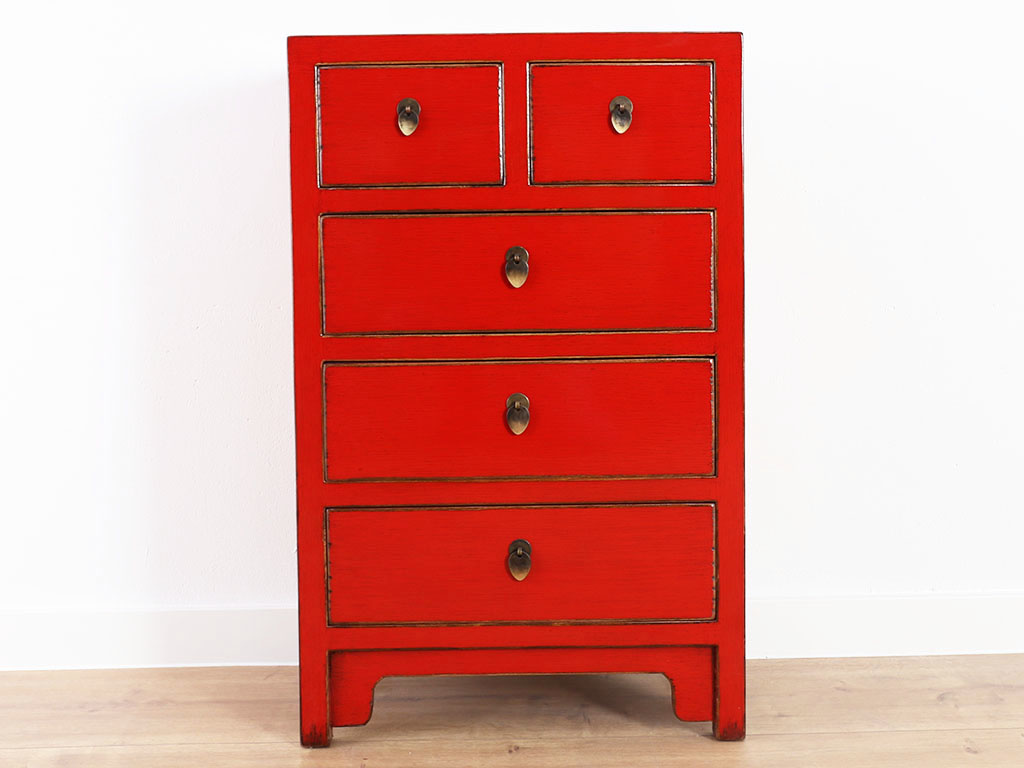 Chinese Chest Of Drawers Oriental Asian Style Red 5 Drawer