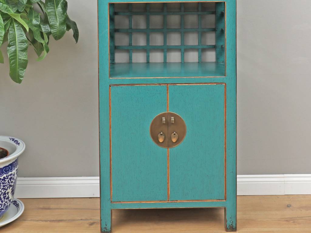Chinesischer Hochzeitschrank 2 Türen 1 Schublade türkis