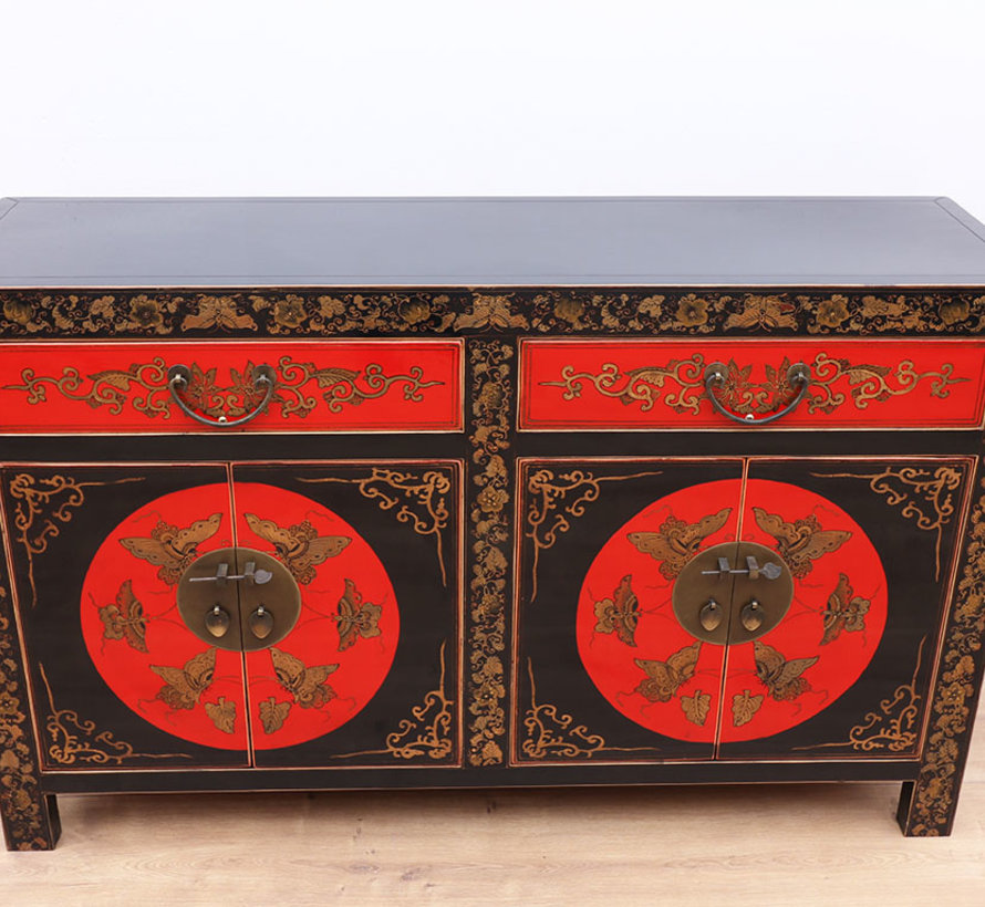 chinesisches Sideboard Handbemalung Schmetterling schwarz und rot