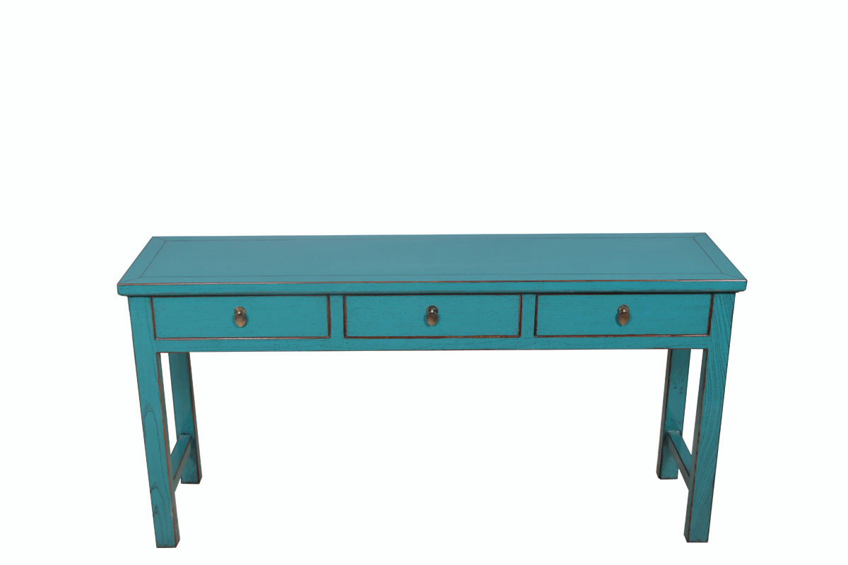 Console Table Turquoise With Natural Wood Edging 3 Drawers