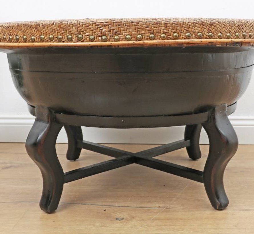 Old round table bamboo braid metal belt black