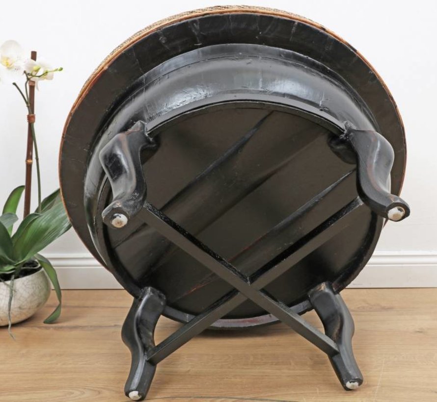 Old round table bamboo braid metal belt black