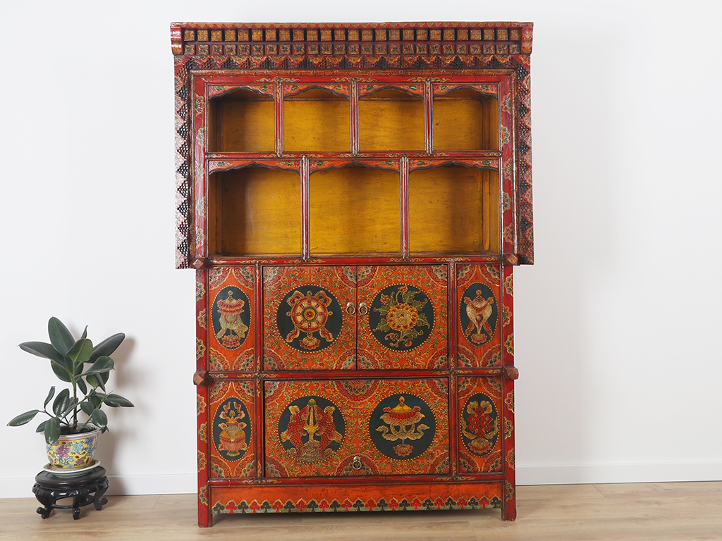 Antique Tibetan Altar Cabinet Eight Symbols Of Good Luck Of