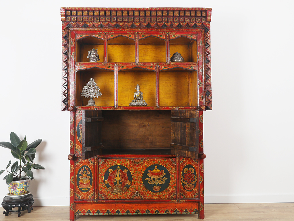 Antique Tibetan Altar Cabinet Eight Symbols Of Good Luck Of