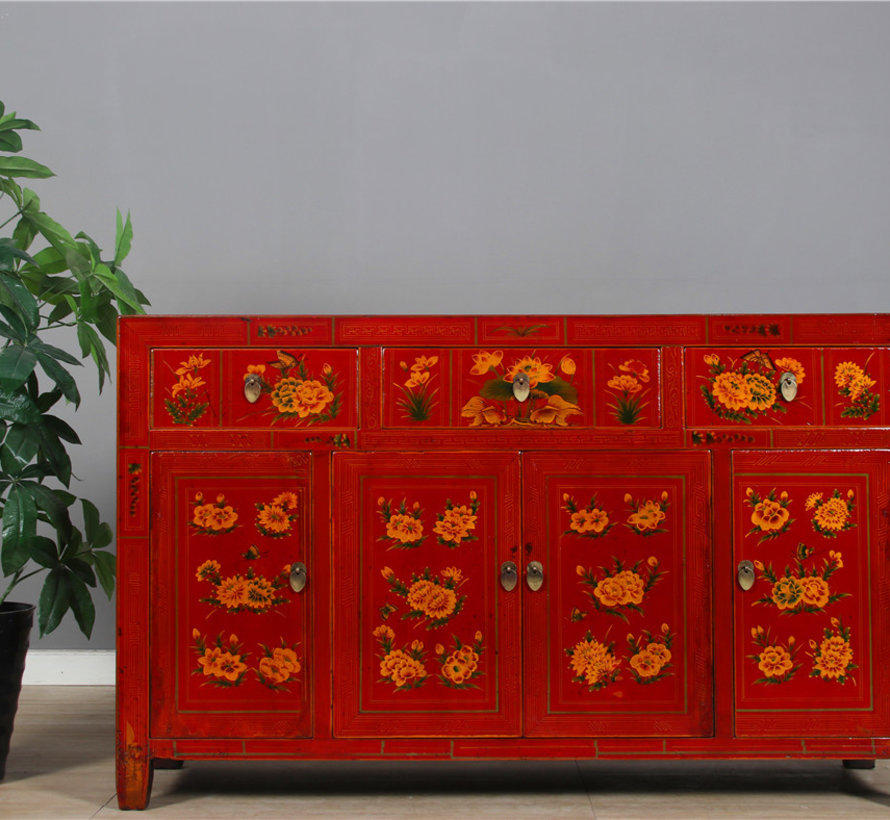 Antique hand-painted sideboard with floral pattern red