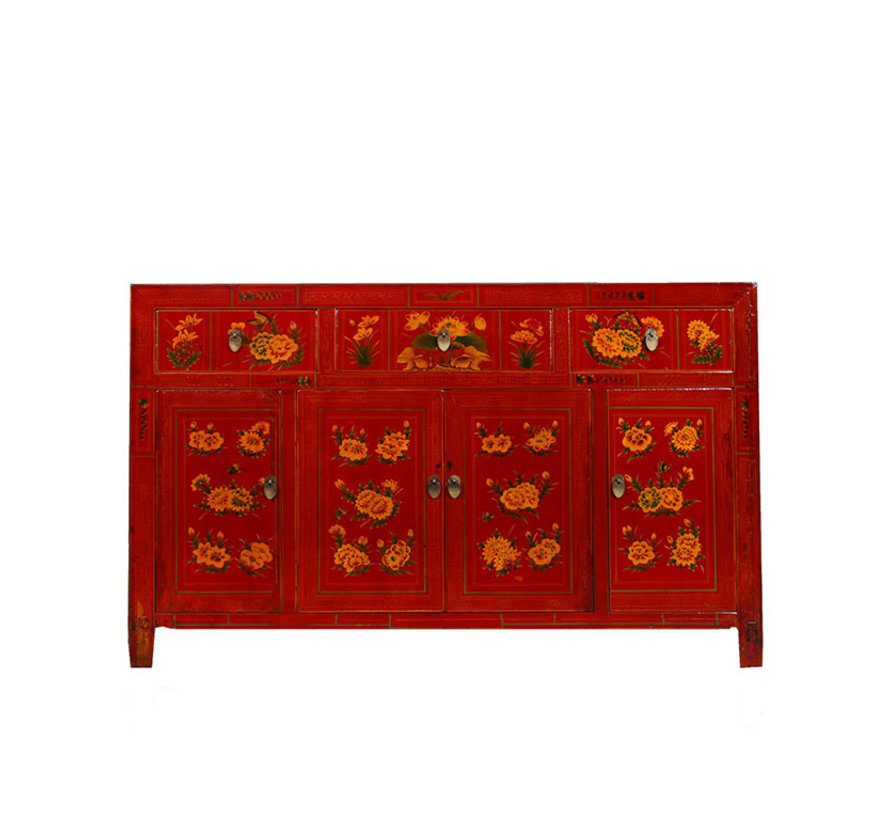 Antikes handbemaltes Sideboard mit Blumenmuster rot