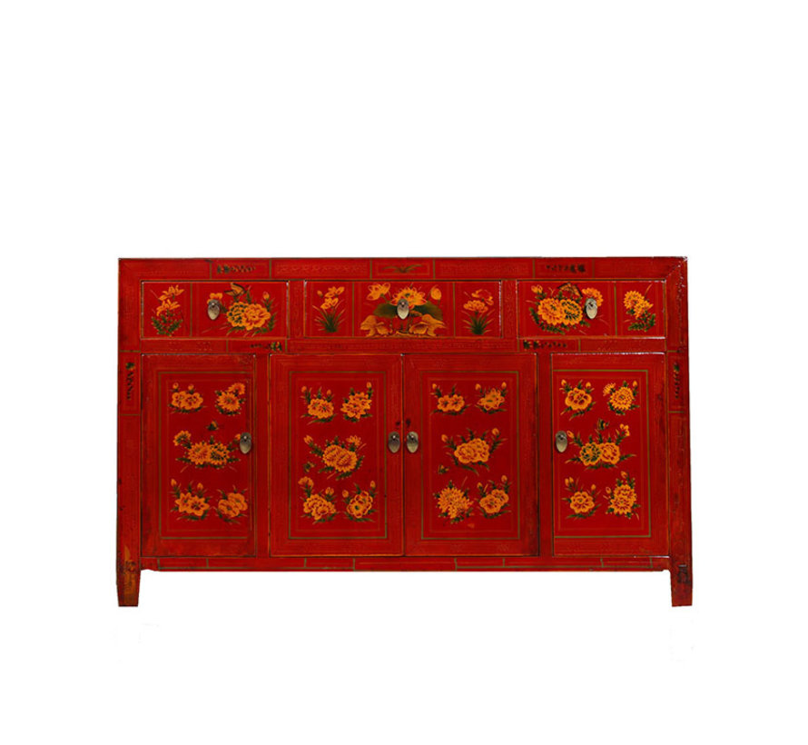 Antique hand-painted sideboard with floral pattern red