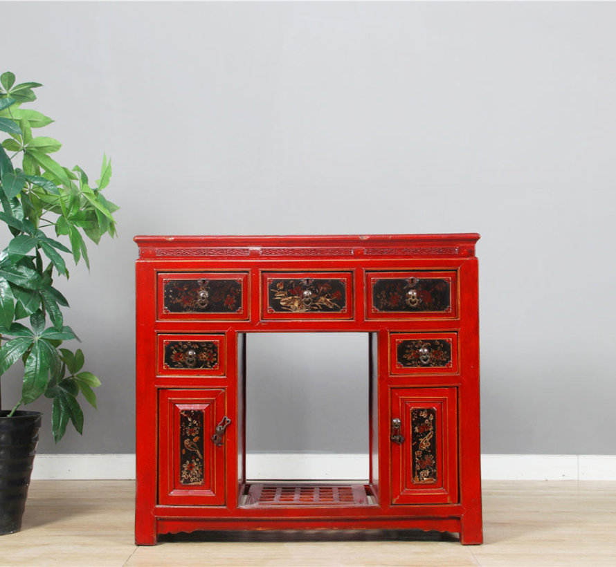 Antique hand-painted sideboard, red, with floral patterns