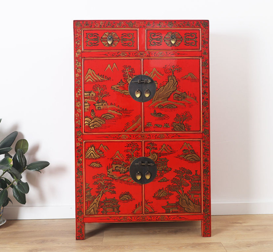 Chinese dresser hand painted landscape lucky symbols red