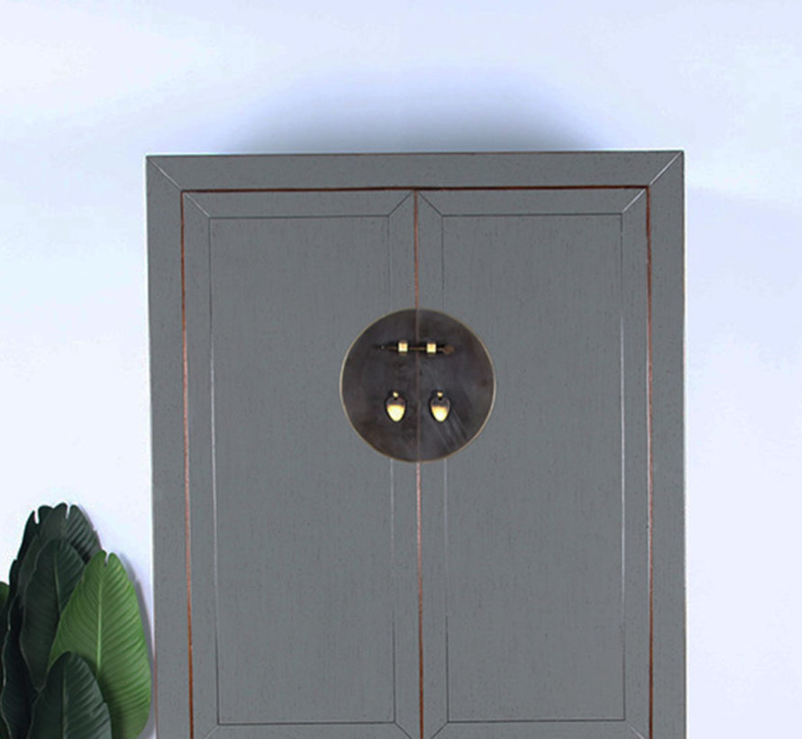 Chinesischer Hochzeitsschrank 2 Türen 4 Schubladen grau   RAL7005