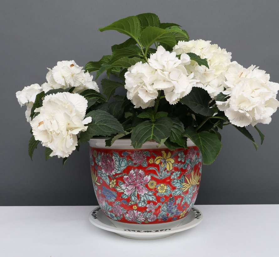 Porcelain flowerpot red colorful flowers Maximum outer edge Ø 28cm