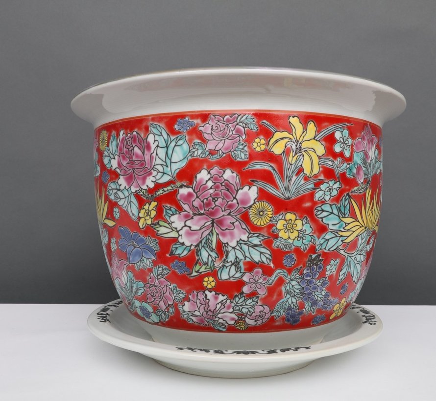 Porcelain flowerpot red colorful flowers Maximum outer edge Ø 28cm
