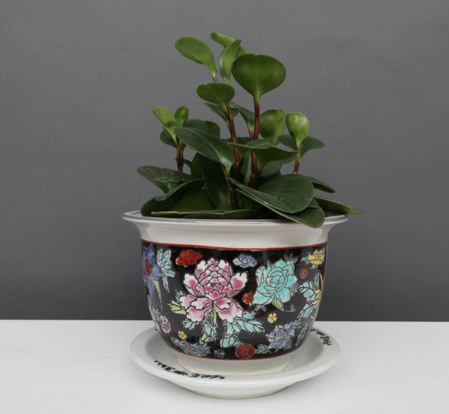 Porcelain flowerpot black colorful flowers Maximum outer edge Ø 28