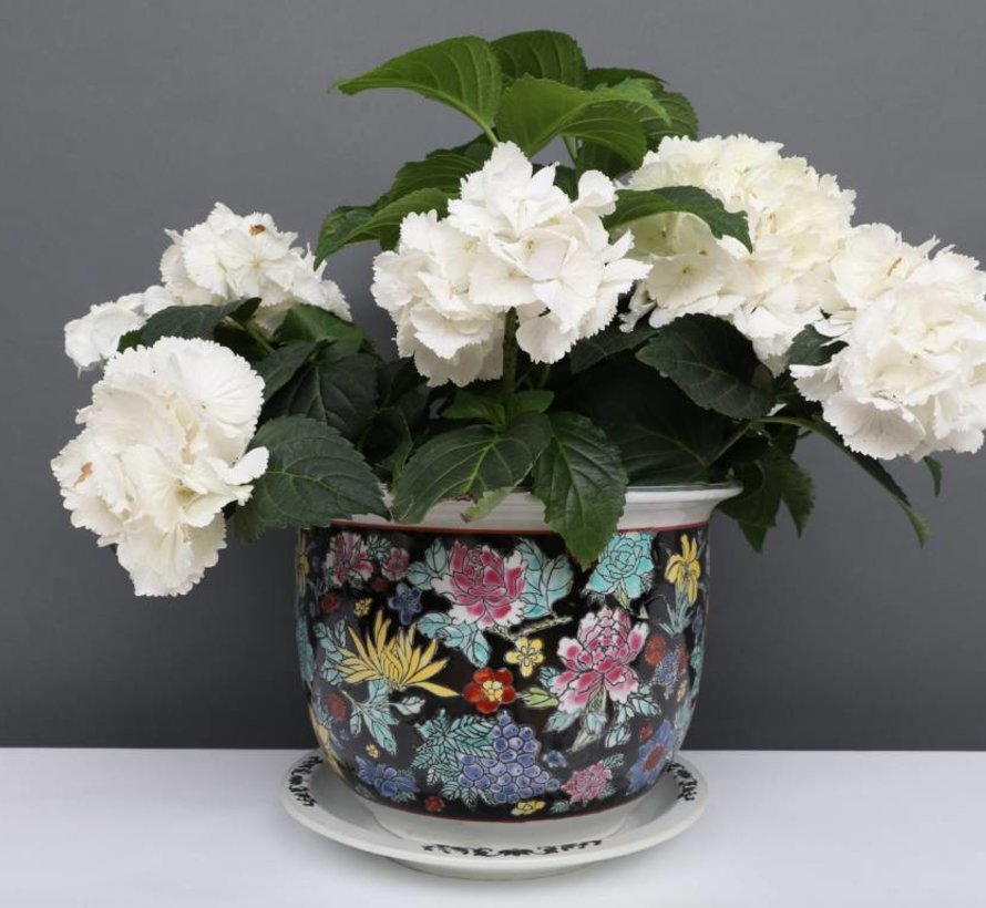 Porcelain flowerpot black colorful flowers Maximum outer edge Ø 28