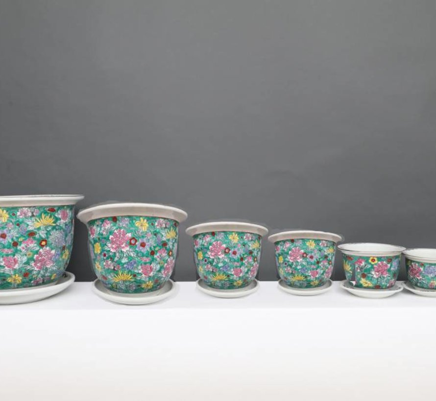 Flower pot with saucer made of porcelain painting green floral motif Ø 28cm