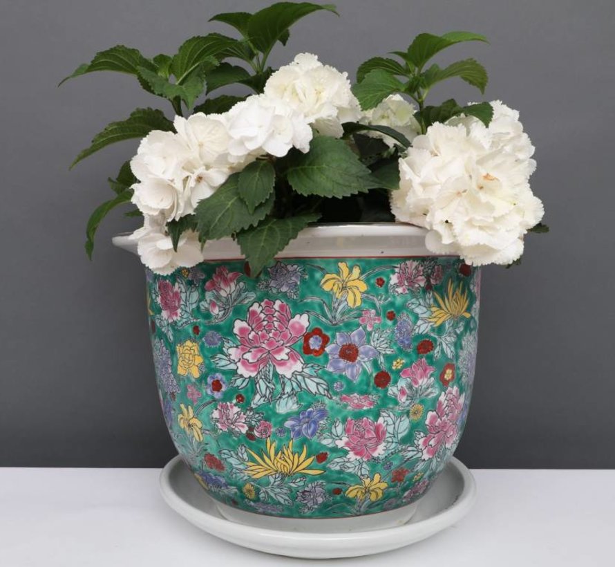 Flower pot with saucer  porcelain painting green floral motif Ø 24cm