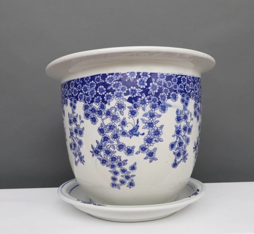 China porcelain flowerpot blue-white with butterfly Ø 28cm