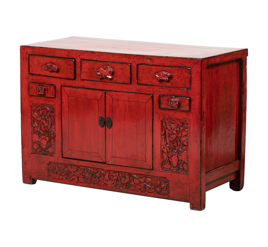 antik chinese classical carved cabinet with lotus  red