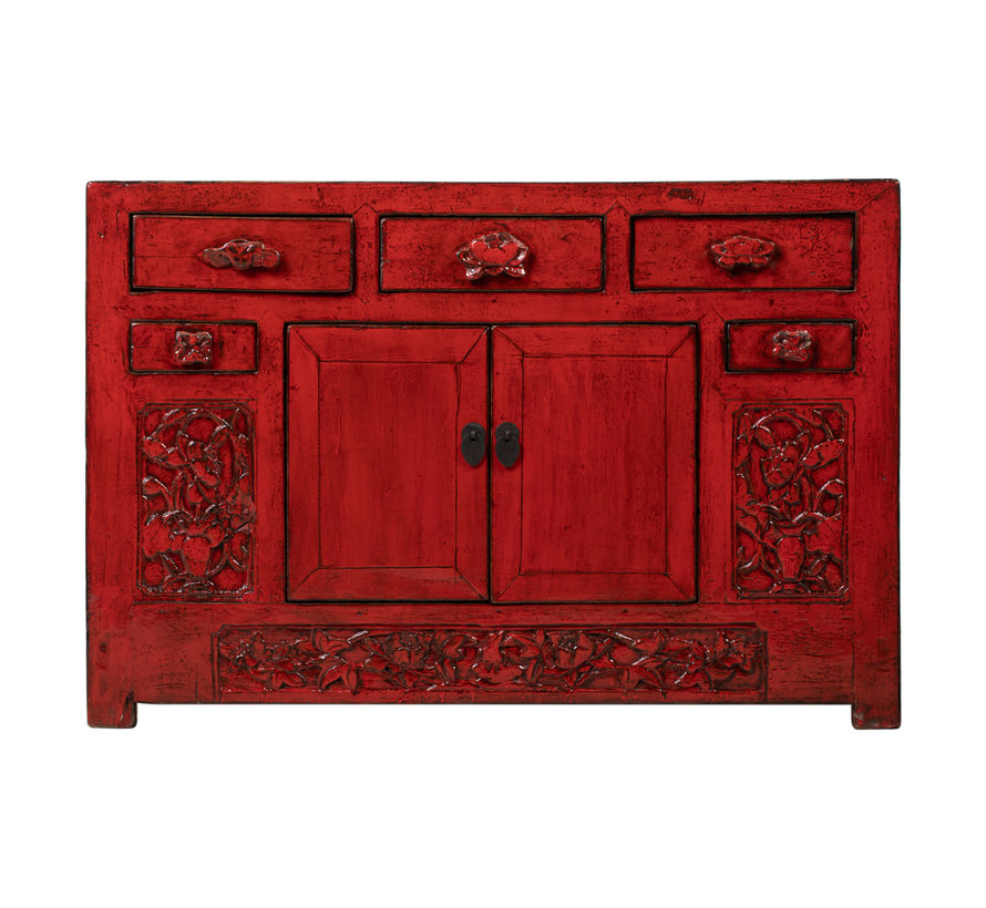 antik chinese classical carved cabinet with lotus  red