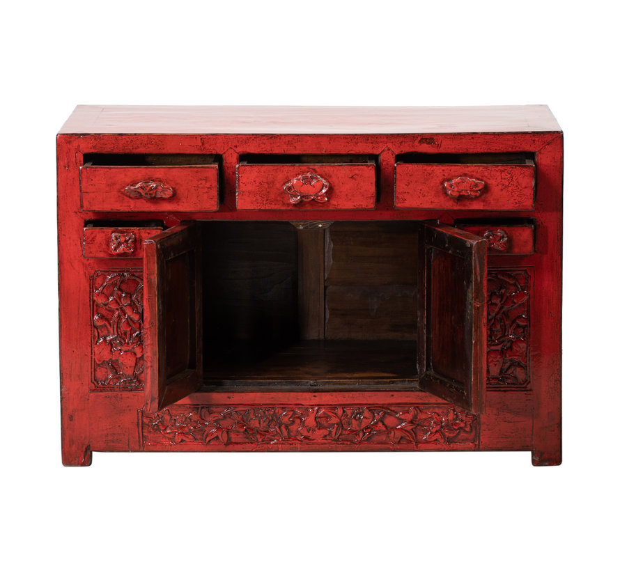 antik chinese classical carved cabinet with lotus  red