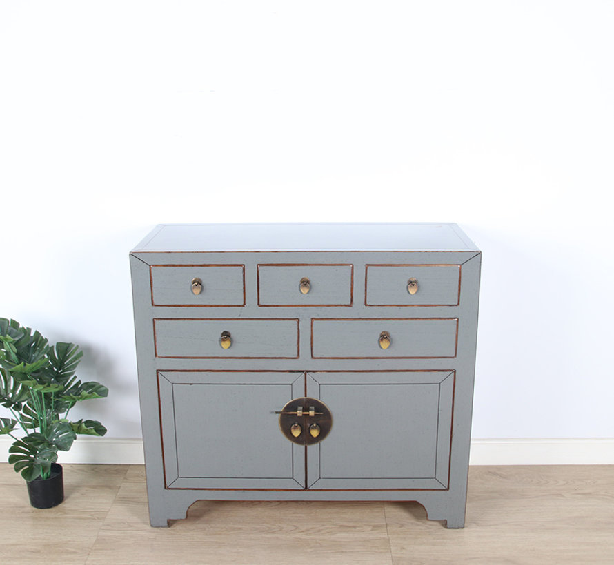 Chinesische Kommode  Sideboard 2 Türen 5 Schubladen grau