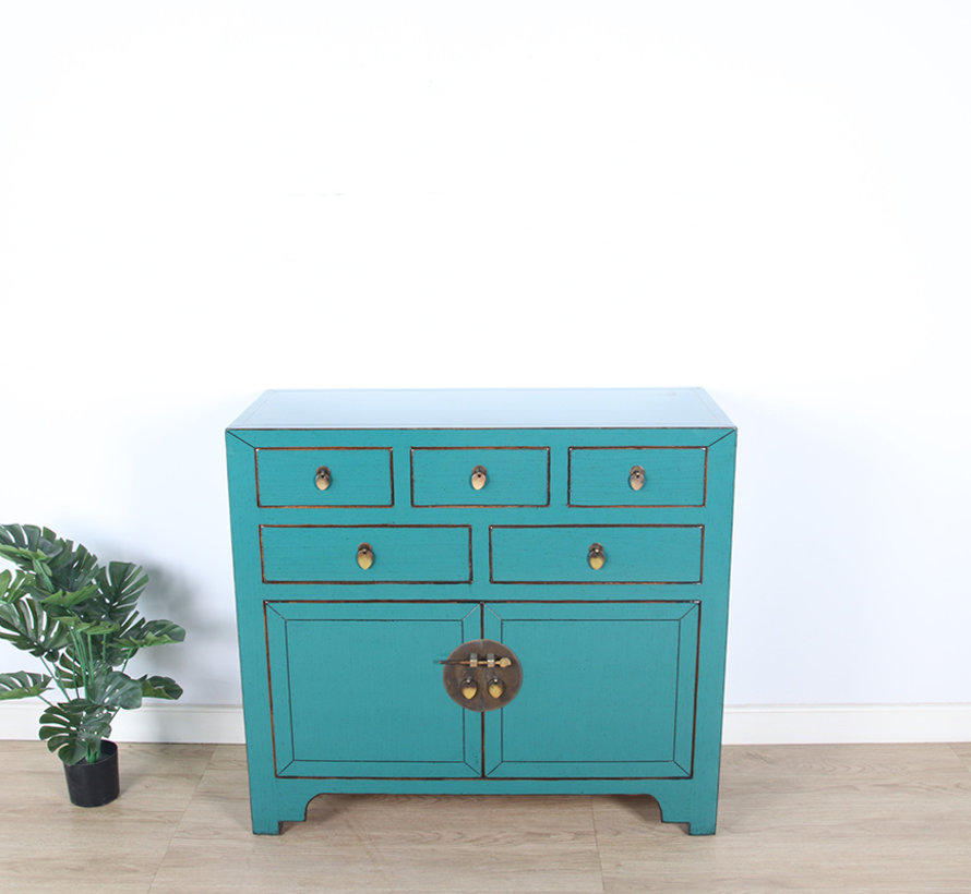 Chinesische Kommode  Sideboard 2 Türen 5 Schubladen türkis