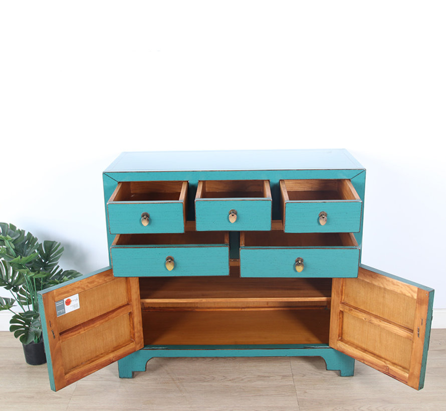 Chinese chest  sideboard 2 doors 2 drawers turquoise