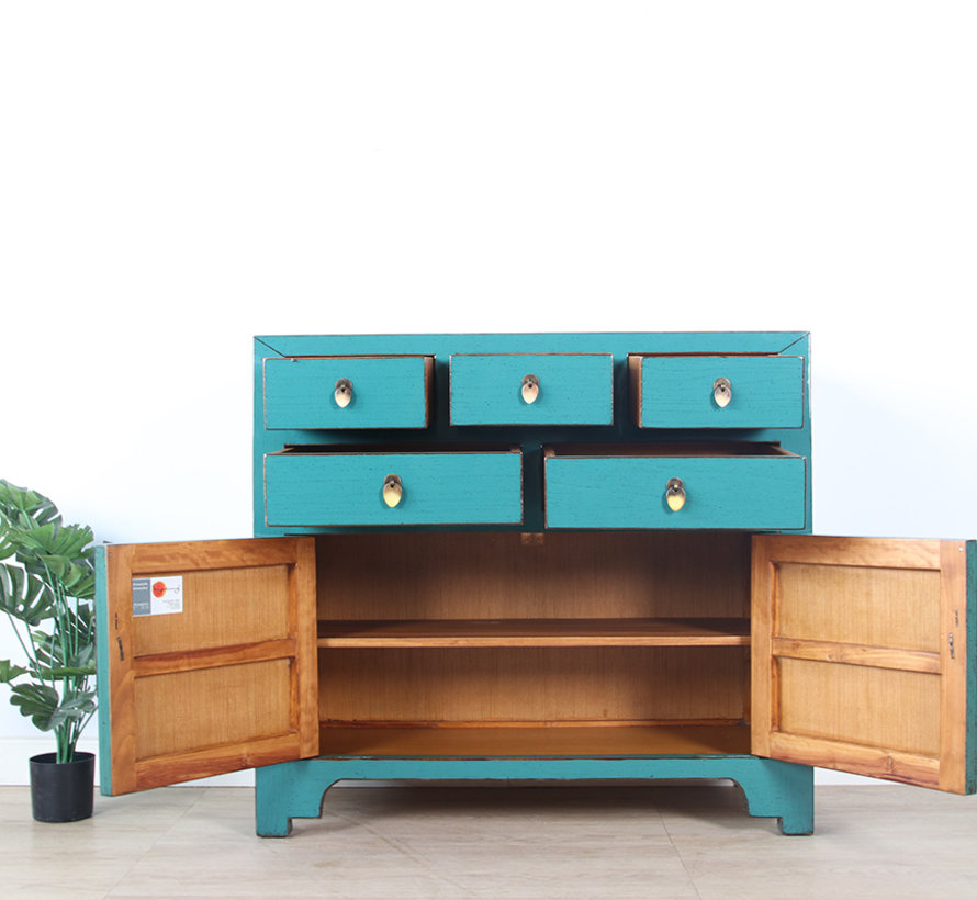 Chinesische Kommode  Sideboard 2 Türen 5 Schubladen türkis