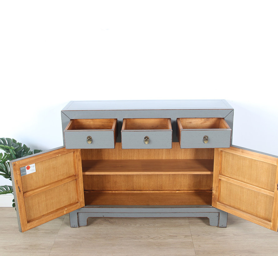 chinesische Kommode Sideboard 3 Schubladen 2 Türen grau