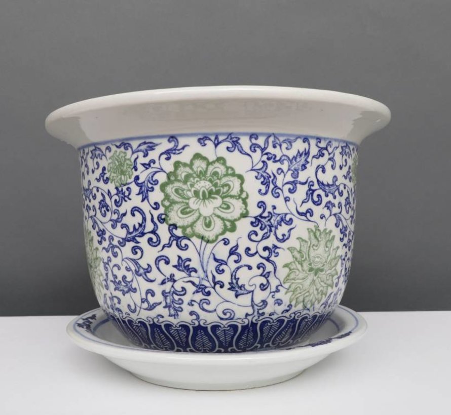 China porcelain flowerpot blue-white with green flowers Ø 33cm