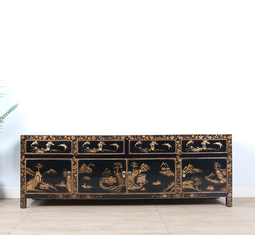 Hand-painted Chinese TV cabinet with 4 doors