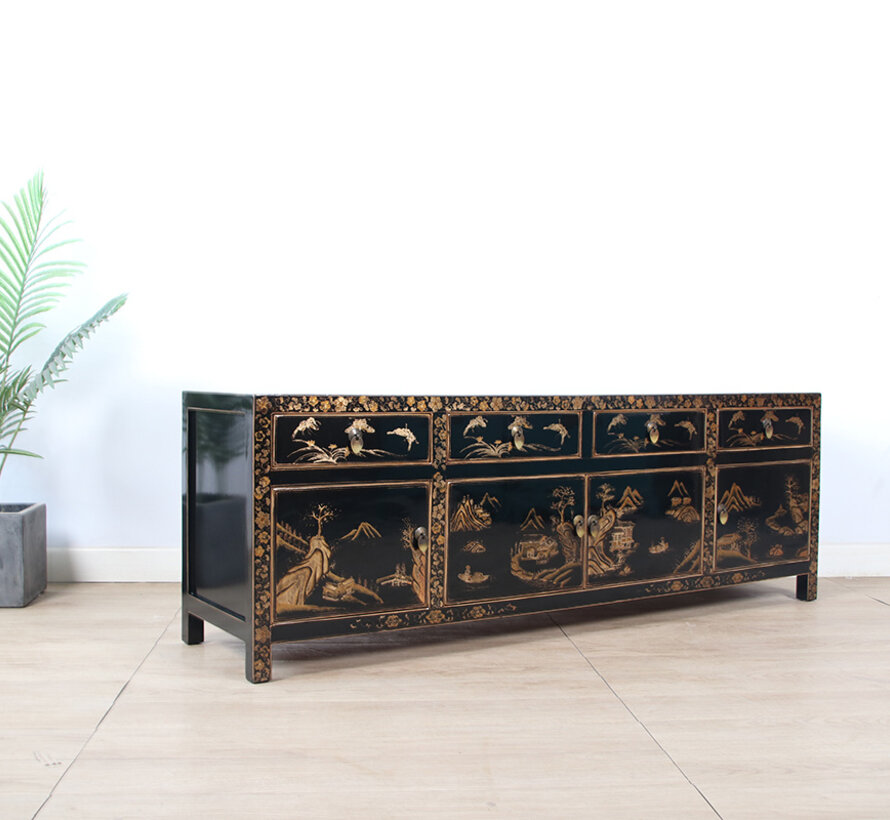 Hand-painted Chinese TV cabinet with 4 doors